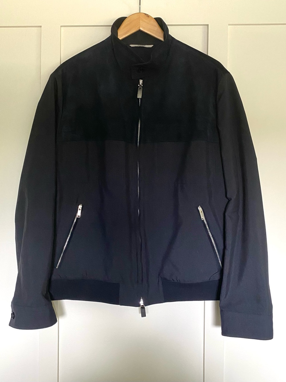 VALENTINO - Navy Suede & Fabric Zip-Up Jacket Coat